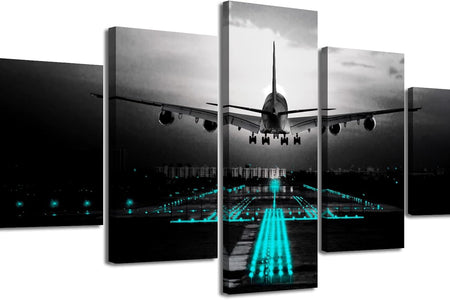 Boys Room Decor Black and White Wall Art Airplant Landing Pictures Modern Aviation Artwork Decorations 60" W X 32" H 5 Pieces