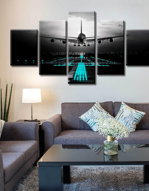 Load image into Gallery viewer, Boys Room Decor Black and White Wall Art Airplant Landing Pictures Modern Aviation Artwork Decorations 60" W X 32" H 5 Pieces
