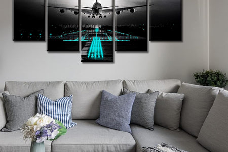 Boys Room Decor Black and White Wall Art Airplant Landing Pictures Modern Aviation Artwork Decorations 60" W X 32" H 5 Pieces