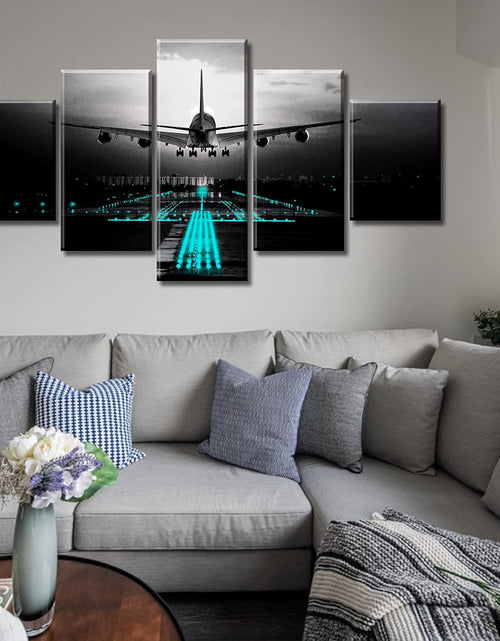 Load image into Gallery viewer, Boys Room Decor Black and White Wall Art Airplant Landing Pictures Modern Aviation Artwork Decorations 60" W X 32" H 5 Pieces
