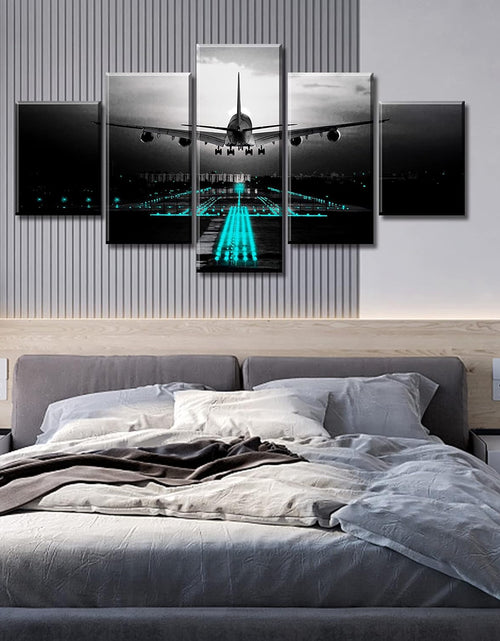 Load image into Gallery viewer, Boys Room Decor Black and White Wall Art Airplant Landing Pictures Modern Aviation Artwork Decorations 60" W X 32" H 5 Pieces

